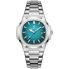 A silver wristwatch with a turquoise, textured dial, stainless steel link bracelet, silver hour markers, quartz movement, a date window at 3 o’clock, and the brand logo below 12 o’clock.
