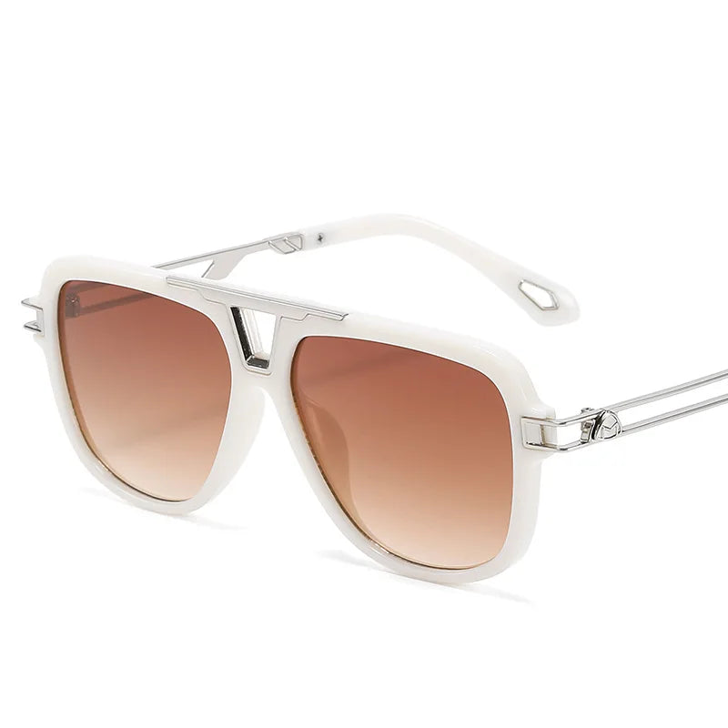 White-framed luxury designer sunglasses with brown gradient lenses and sleek silver metal arms, these vintage sunglasses are displayed on a white background.