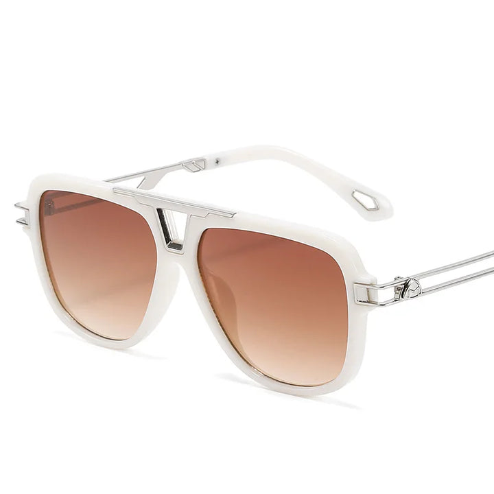 White-framed luxury designer sunglasses with brown gradient lenses and sleek silver metal arms, these vintage sunglasses are displayed on a white background.