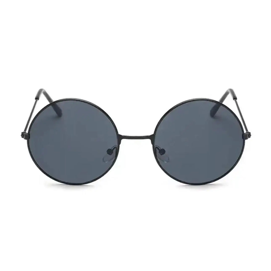 Minimalist round sunglasses with dark tinted lenses and thin frames, offering UV400 protection. Shown from the front on a plain white background.
