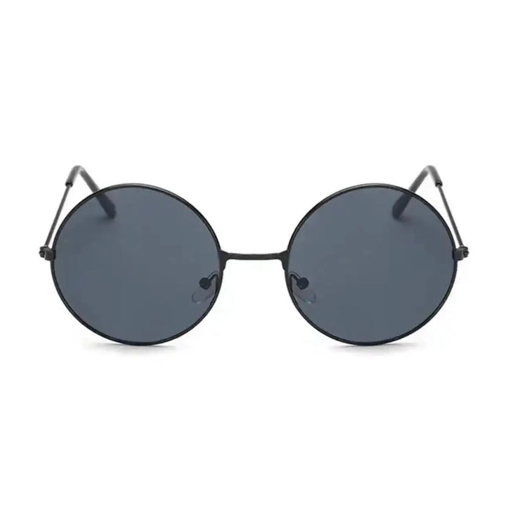 Minimalist round sunglasses with dark tinted lenses and thin frames, offering UV400 protection. Shown from the front on a plain white background.