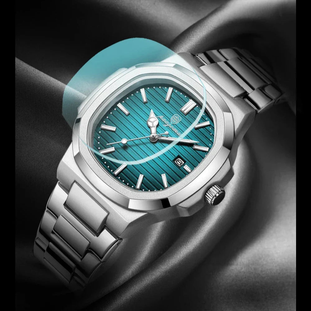 A stainless steel wristwatch with a teal striped face, silver hour markers, and a date window is displayed on silky, dark fabric, with soft light accentuating its features and highlighting its precise quartz movement.