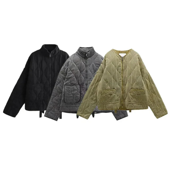 Three quilted bomber jackets in black, gray, and olive green are displayed side by side. Each features a diamond pattern, padded insulation for warmth, front pockets, and a zipper closure.