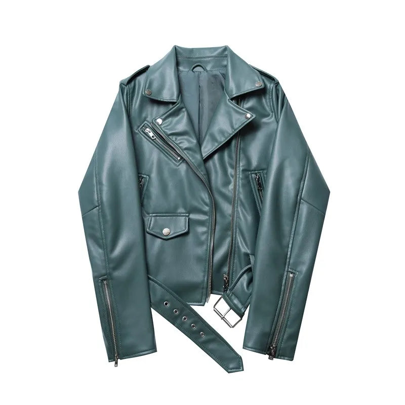 A dark teal faux leather biker jacket with silver zippers, snap buttons, zipper pockets, and a matching adjustable waist belt, laid flat on a white background.