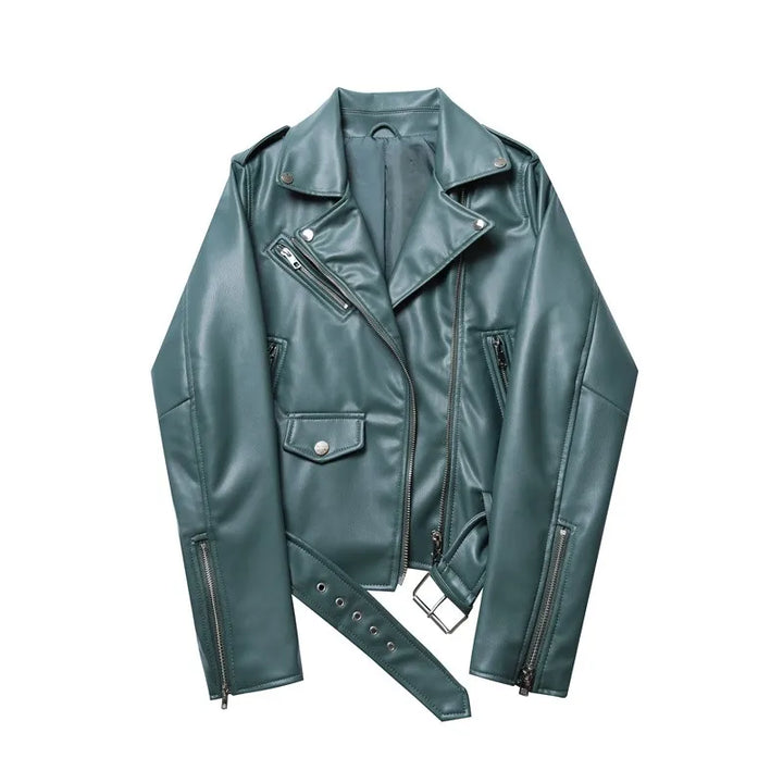 A dark teal faux leather biker jacket with silver zippers, snap buttons, zipper pockets, and a matching adjustable waist belt, laid flat on a white background.