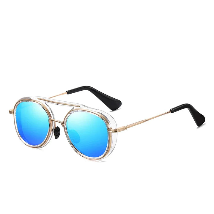 A pair of high-end aviator sunglasses featuring blue reflective lenses, gold metal frames, clear rims, and black plastic temple tips for a modern yet timeless look.
