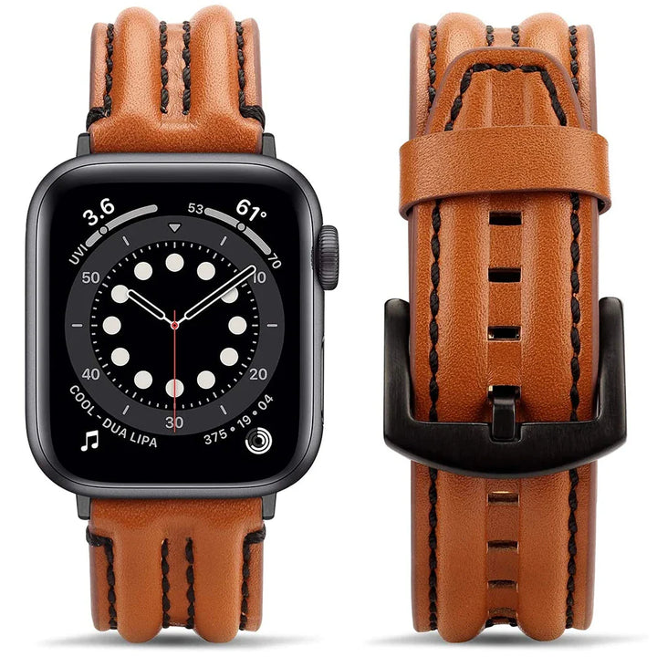 A smartwatch with a brown leather Apple Watch band featuring black stitching. The watch face displays time, weather, and fitness info. The band is shown both attached to the watch and separately with its black buckle visible.