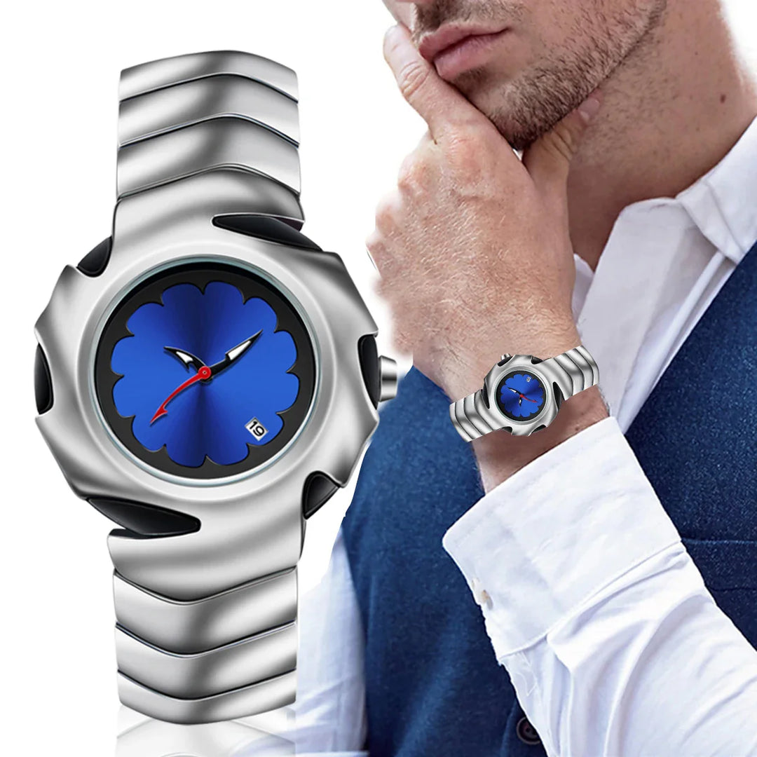 A man in a white shirt and blue vest poses with his hand on his chin, showcasing a modern stainless steel watch with a scratch-resistant, wavy band and blue floral-patterned dial. A close-up of the water-resistant watch is enlarged beside him.