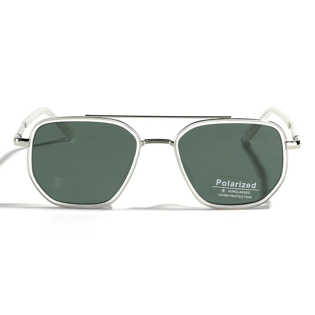 Silver-framed sunglasses with dark rectangular lenses in a sleek retro style, featuring a thin bridge and UV400 protection text on the right lens. The TR90 Polarized Sunglasses are displayed on a white background.