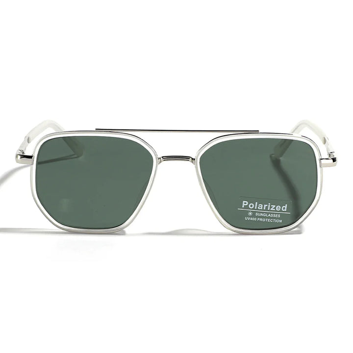 Silver-framed sunglasses with dark rectangular lenses in a sleek retro style, featuring a thin bridge and UV400 protection text on the right lens. The TR90 Polarized Sunglasses are displayed on a white background.