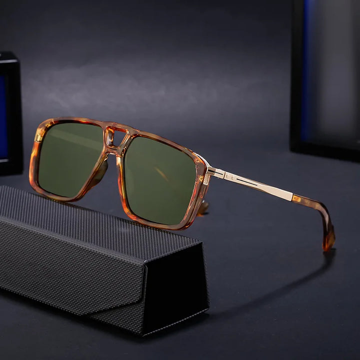 A pair of brown tortoiseshell square polarized sunglasses with green lenses is displayed on a black textured case against a dark background.