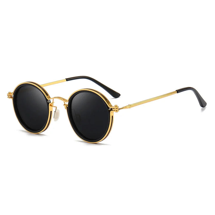 Round Ruby Ray Sunglasses with black polarized lenses and thin gold frames, featuring UV400 protection, black plastic tips on the temple arms, and adjustable nose pads.