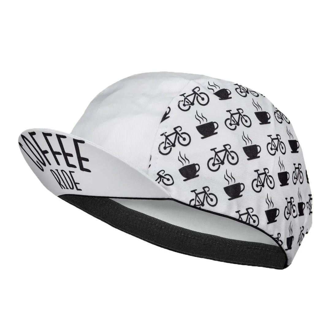 A white cycling cap featuring black bicycle and coffee cup icons, plus COFFEE RIDE in bold under the brim. Quick-drying and designed for sun protection—perfect for every ride.