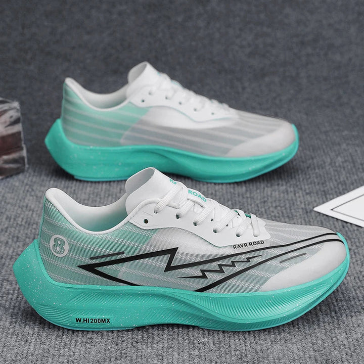 A pair of white athletic shoes with turquoise soles and accents, featuring a black lightning bolt design and the number 8 on the side, displayed on a gray textured surface, offers lightweight construction for effortless movement.