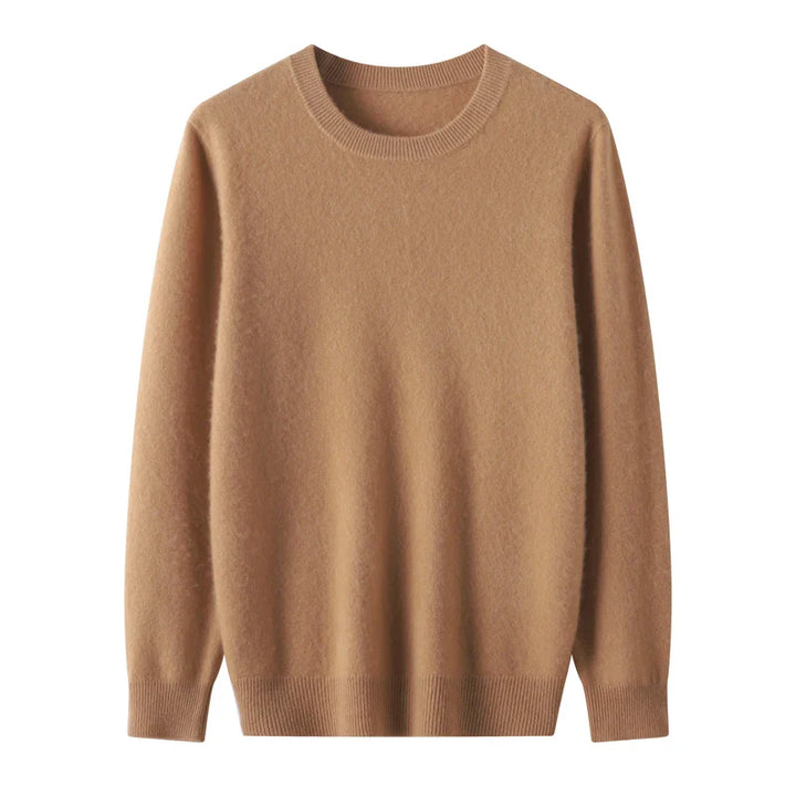 A plain, long-sleeve, camel-colored crewneck sweater crafted from pure wool with ribbed cuffs, hem, and collar, showcasing fine wool craftsmanship against a white background.