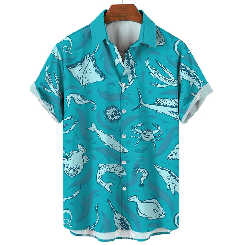 A short-sleeved, button-up turquoise shirt with a playful, ocean-inspired pattern featuring fish, crabs, and stingrays in white and dark blue outlines. The summer-ready shirt is displayed on a wooden hanger.