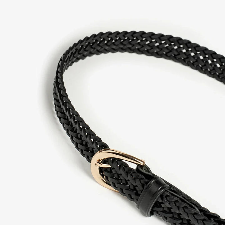 A black woven leather belt featuring artisanal craftsmanship and a shiny gold buckle, displayed on a plain white background.