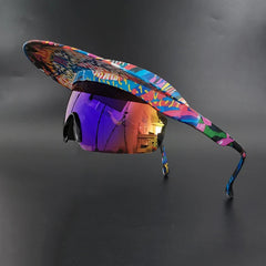 A colorful, abstract-patterned visor with large reflective sunglasses attached offers UV400 protection and panoramic visibility. Displayed against a solid black background, the bold, futuristic design blends visor and sunglasses seamlessly.