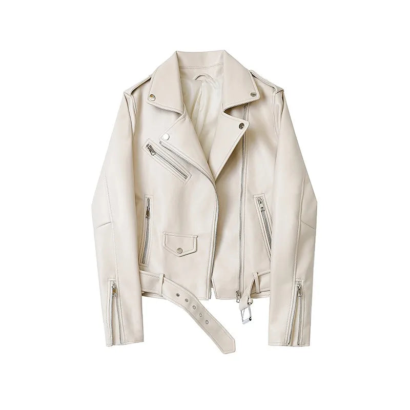 A light beige leather biker jacket with silver zipper pockets and a leather belt at the adjustable waist, displayed on a white background.
