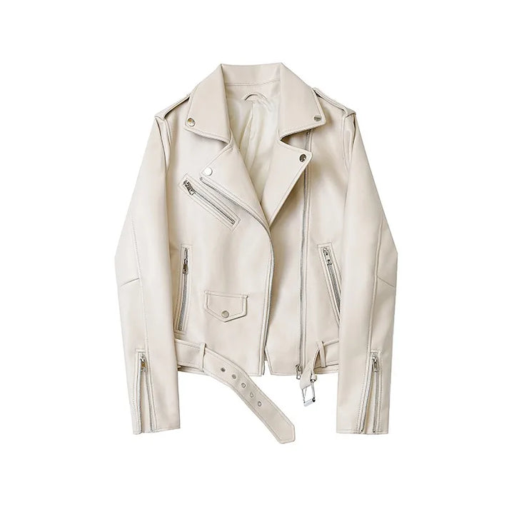 A light beige leather biker jacket with silver zipper pockets and a leather belt at the adjustable waist, displayed on a white background.