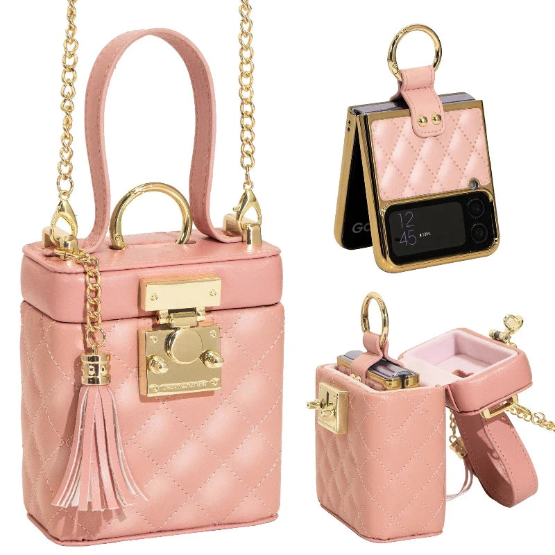 A pink quilted purse with gold hardware, a tassel, and a crossbody strap. The purse opens to reveal a compartment designed to hold and display a flip phone. Multiple angles show both the purse and phone inside.