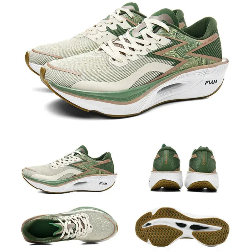 White and green athletic running shoes shown from multiple angles: side, back, top, and bottom. The design features green and beige accents, an ultra-lightweight build, and a thick shock-absorbing sole labeled FUAM.