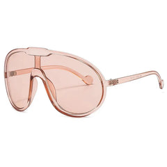 Large, rose-tinted oversized sunglasses featuring a single curved lens and transparent pink plastic frame and arms, offering UV400 protection—perfect for outdoor activities. Displayed on a white background.