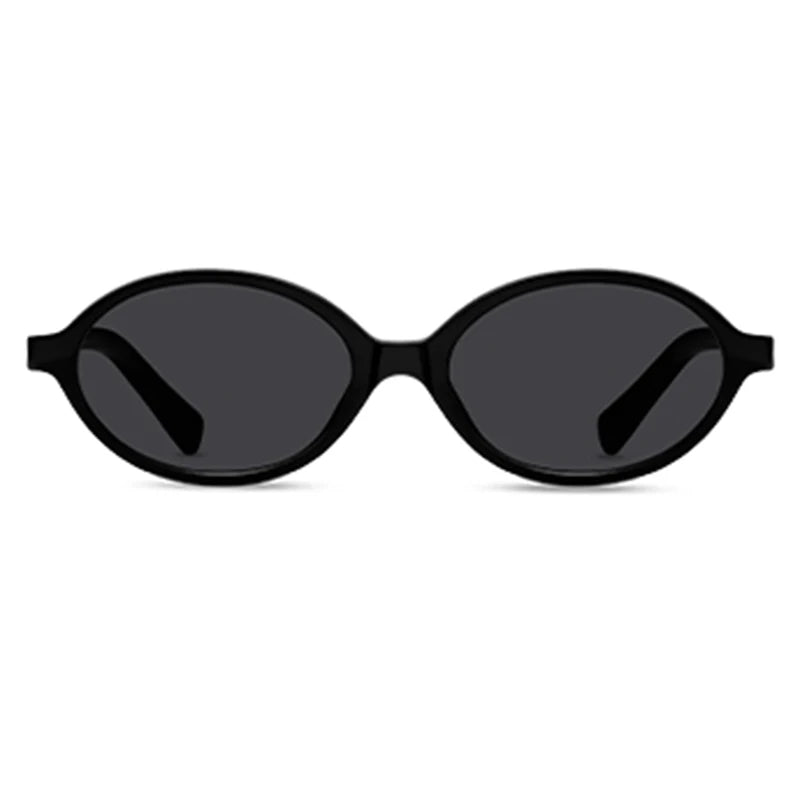 Black retro oval sunglasses with dark lenses and a simple, minimalist design feature a lightweight acetate frame and offer UV400 protection, viewed from the front against a white background.