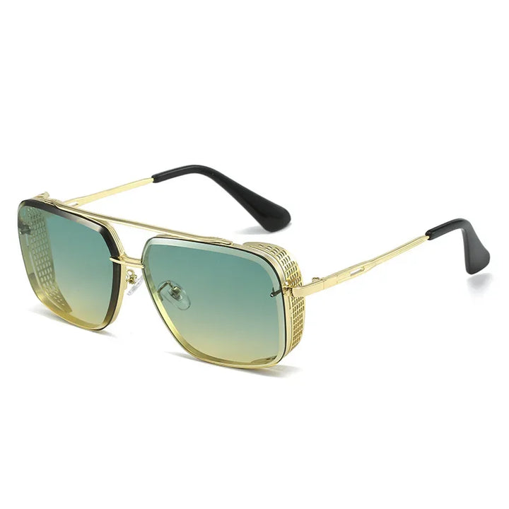 A pair of limited-edition sunglasses with gold frames, large square green gradient lenses offering UV protection, and black temple tips, displayed on a white background.