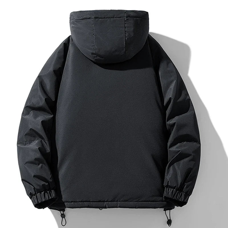 A black hooded winter jacket is shown from the back. This insulated jacket features long sleeves, elastic cuffs, a straight hem with adjustable drawstrings at the bottom, and a matte finish.