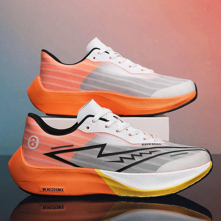 A pair of athletic running shoes with an orange and white color scheme, black zigzag design, super foam shock-absorbing sole, yellow detailing on the sole, and the number 8 on the heel, displayed against a gradient background.