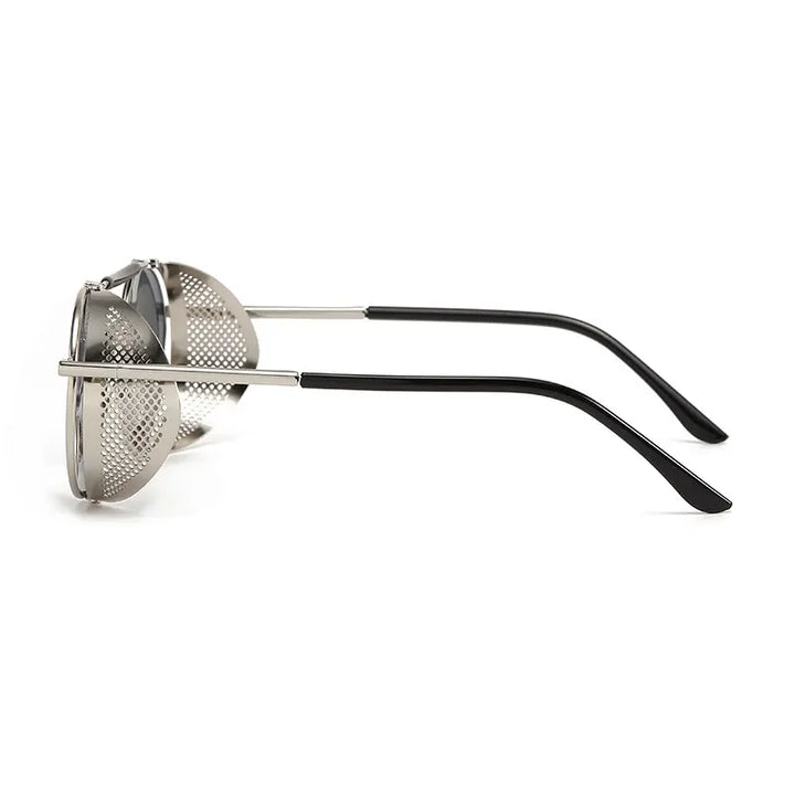 Side view of steampunk sunglasses with silver and black frames, metal mesh windproof side shields, and black temple tips, shown against a white background.