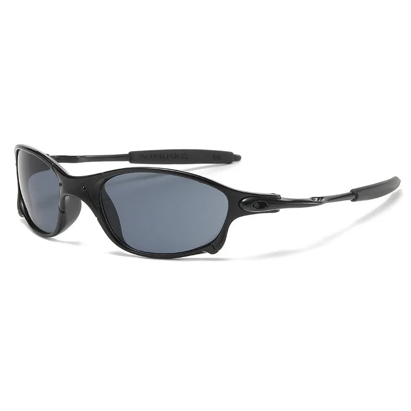 A pair of black, oval-shaped cycling sunglasses with dark lenses and a sleek, curved frame design featuring UV400 protection, shown angled on a white background.