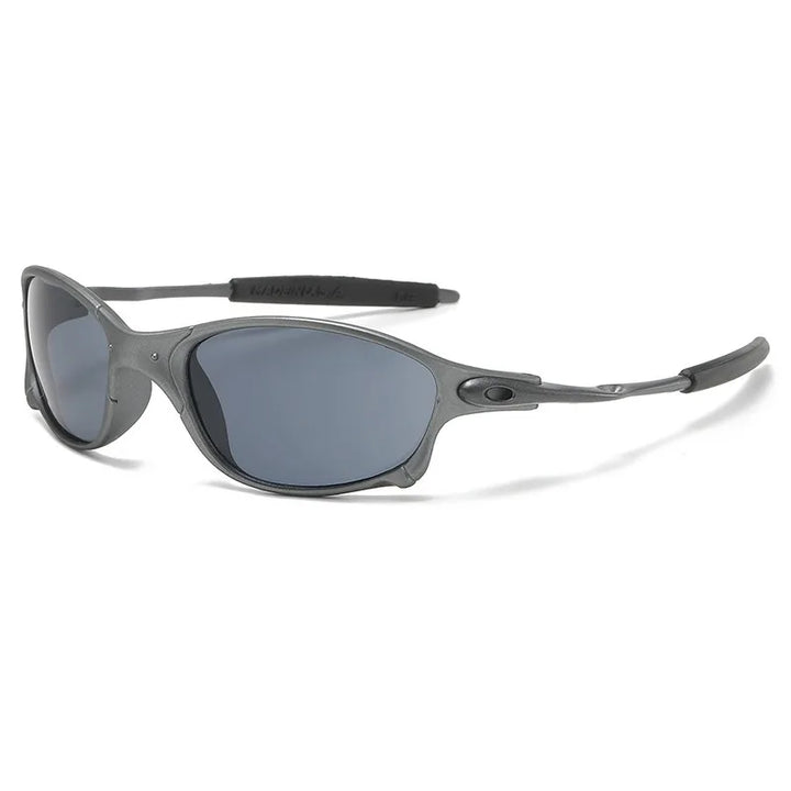A pair of sleek, dark gray cycling sunglasses with oval-shaped lenses, a lightweight curved frame, and UV400 protection for ultimate eye safety.
