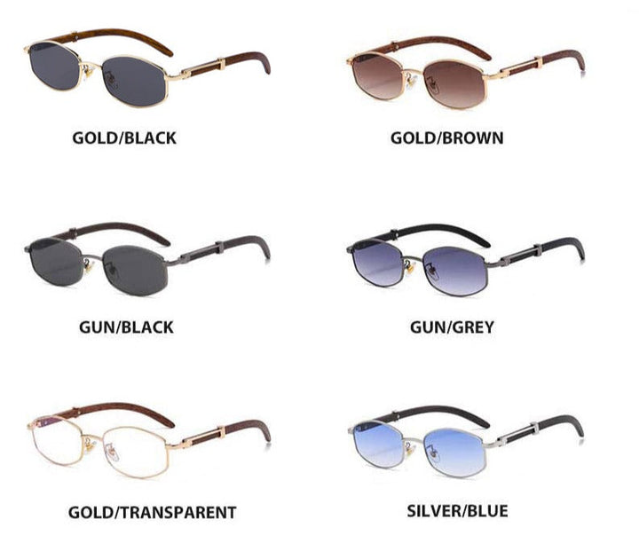 Six pairs of vintage-inspired sunglasses in different color combinations—gold/black, gold/brown, gun/black, gun/grey, gold/transparent, and silver/blue—each with gold-tone frames and UV400 protection, labeled beneath each pair.