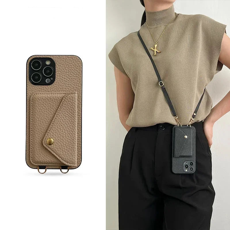A woman wears a beige top and black pants, modeling a crossbody phone case with a wallet attached. Next to her is a close-up of the beige phone case made from pebble-texture material, featuring a cardholder pocket and gold snap button.