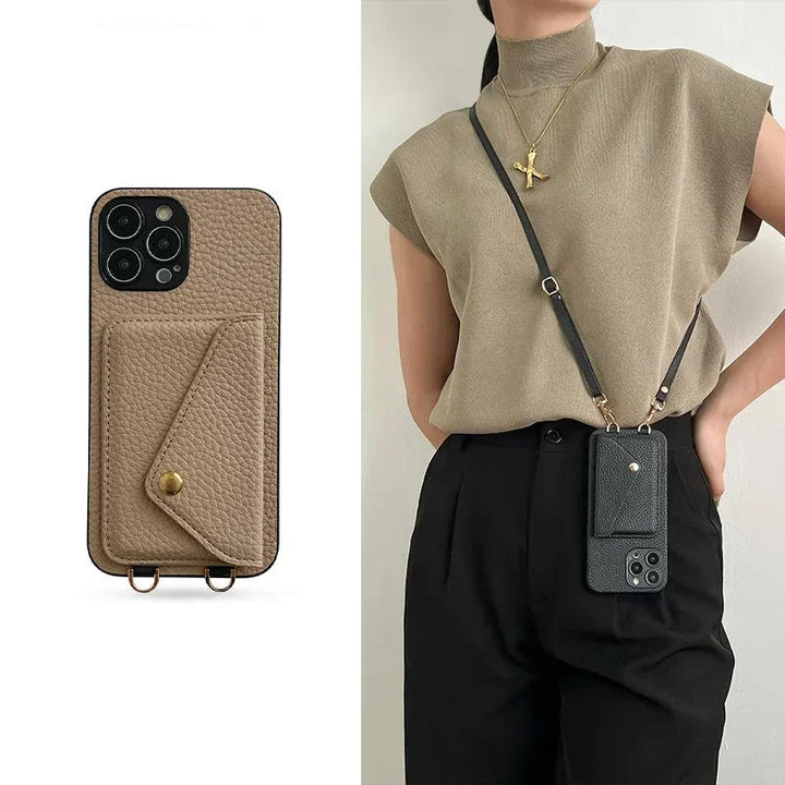 A woman wears a beige top and black pants, modeling a crossbody phone case with a wallet attached. Next to her is a close-up of the beige phone case made from pebble-texture material, featuring a cardholder pocket and gold snap button.