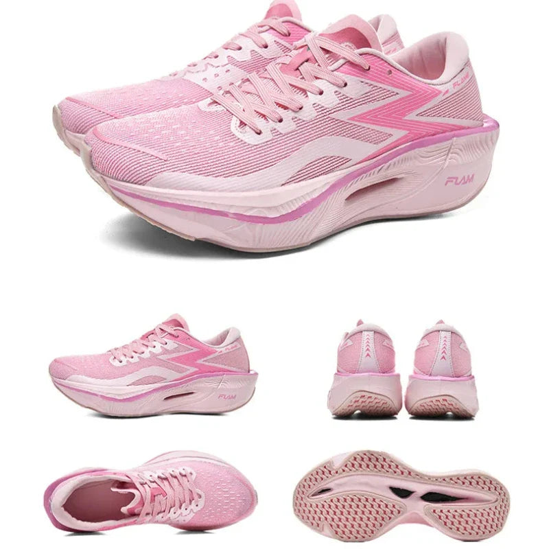 A pair of light pink athletic running shoes is shown from multiple angles: side, front, back, top, and sole. The shoes feature an ultra-lightweight mesh upper with white accents and a thick, shock-absorbing sole for maximum comfort.