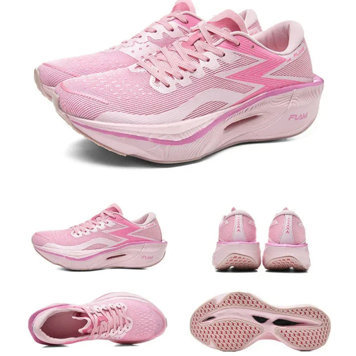 A pair of light pink athletic running shoes is shown from multiple angles: side, front, back, top, and sole. The shoes feature an ultra-lightweight mesh upper with white accents and a thick, shock-absorbing sole for maximum comfort.