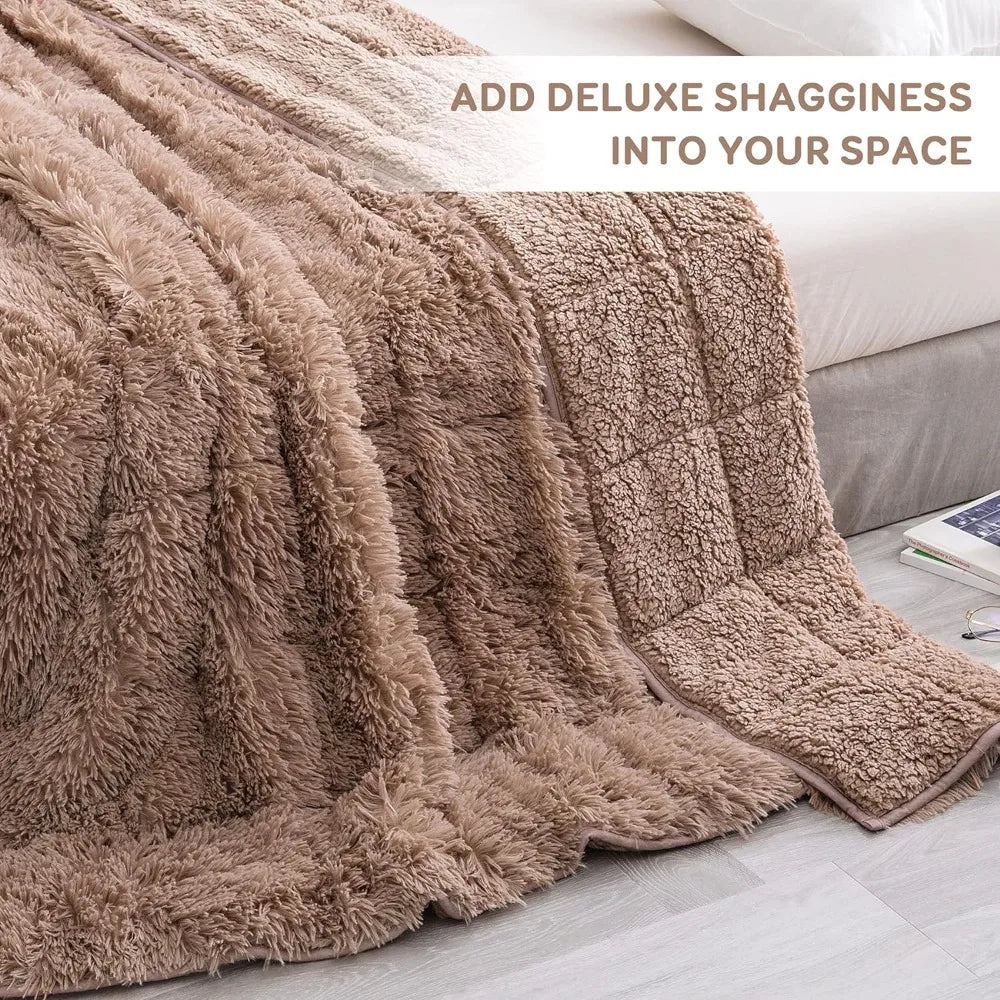 A fluffy, brown Shaggy Long Fur Weighted Blanket draped over the edge of a bed, with the text ADD DELUXE SHAGGINESS INTO YOUR SPACE in the top right corner. Part of a light-colored floor and nightstand are visible.
