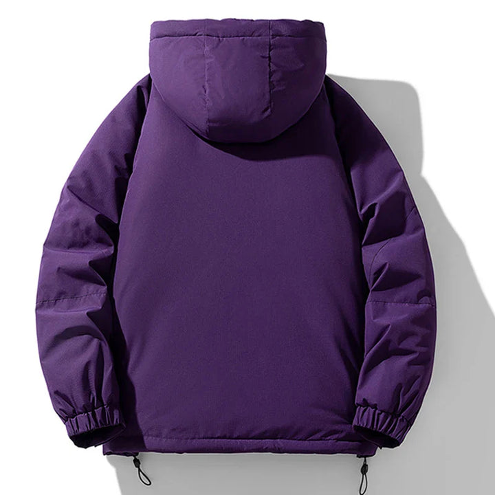 A plain purple insulated puffer jacket with a windproof design, elastic cuffs, and drawstrings at the hem, shown from the back against a white background.