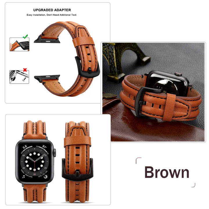 Brown leather Apple Watch band with black buckle shown from multiple angles, including close-ups and how it attaches to the watch. This stylish Apple Watch strap stands out, with an Eiffel Tower keychain visible in the background.