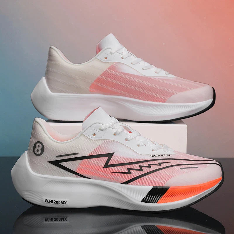 Two stylish running shoes are displayed side by side, featuring a white base with pink and orange accents, a bold black bolt design, and the number 8 on the heel. A lightweight construction ensures comfort against the softly gradiented blue and pink background.