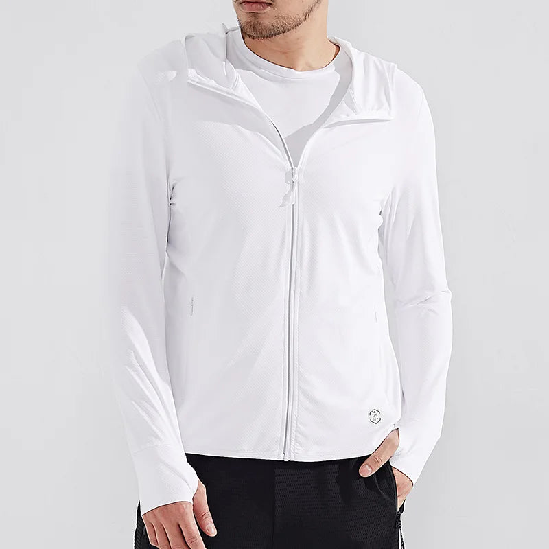 A man wearing a white zip-up hooded jacket made from quick-drying fabric over a white T-shirt and black pants stands against a plain light gray background. His face is partially visible, and his hands are relaxed at his sides.