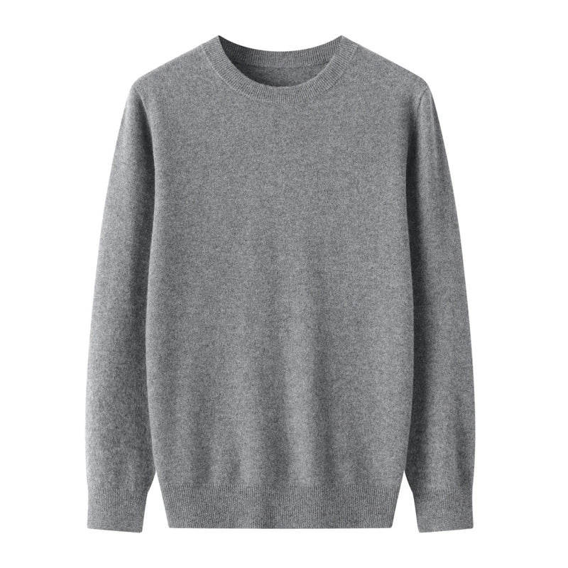 A plain, long-sleeved, light gray crewneck sweater made of soft knit fabric and showcasing fine wool craftsmanship, displayed on a white background.