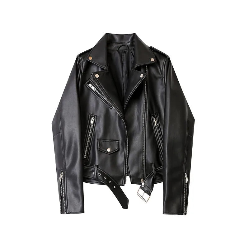 A black faux leather biker jacket with silver zippers, snap buttons, zipper pockets, and a leather belt at the adjustable waist, laid flat on a white background.