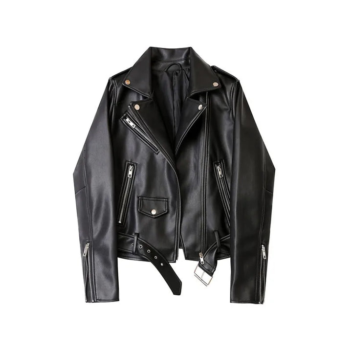 A black faux leather biker jacket with silver zippers, snap buttons, zipper pockets, and a leather belt at the adjustable waist, laid flat on a white background.