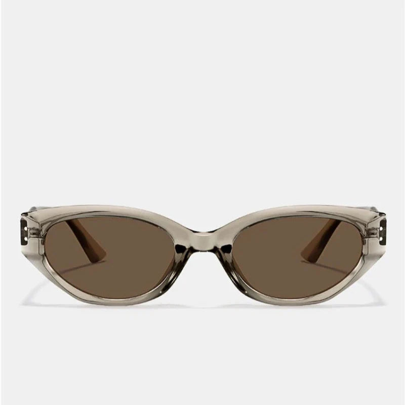 Front view of oval-shaped sunglasses featuring a translucent acetate frame and dark brown, scratch-resistant lenses with UV400 protection, set against a plain light background.