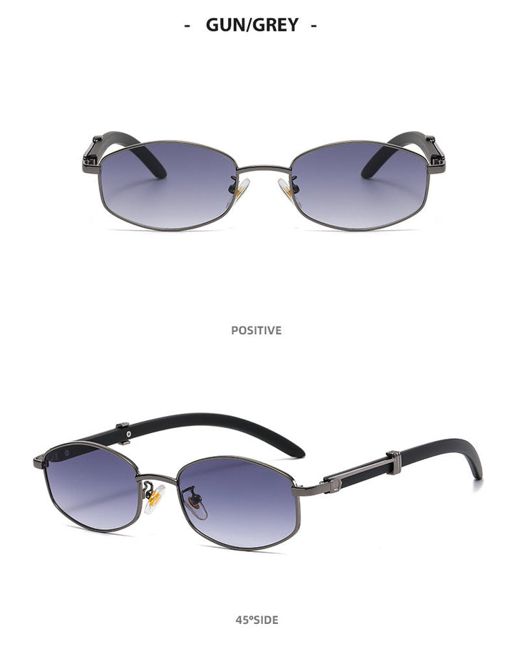 Two views of vintage-inspired sunglasses with gunmetal grey, thin metal frames and black arms: top view shows the front, while the bottom view is at a 45-degree angle. The oval lenses offer UV400 protection with a stylish grey gradient.