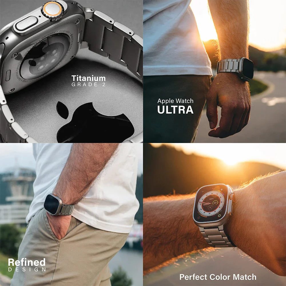 A collage shows a Grade 2 Titanium Apple Watch Ultra: close-ups of its back, side button, and adjustable band, plus two outdoor shots highlighting its refined design, lightweight durability, and perfect color match. Text emphasizes features.